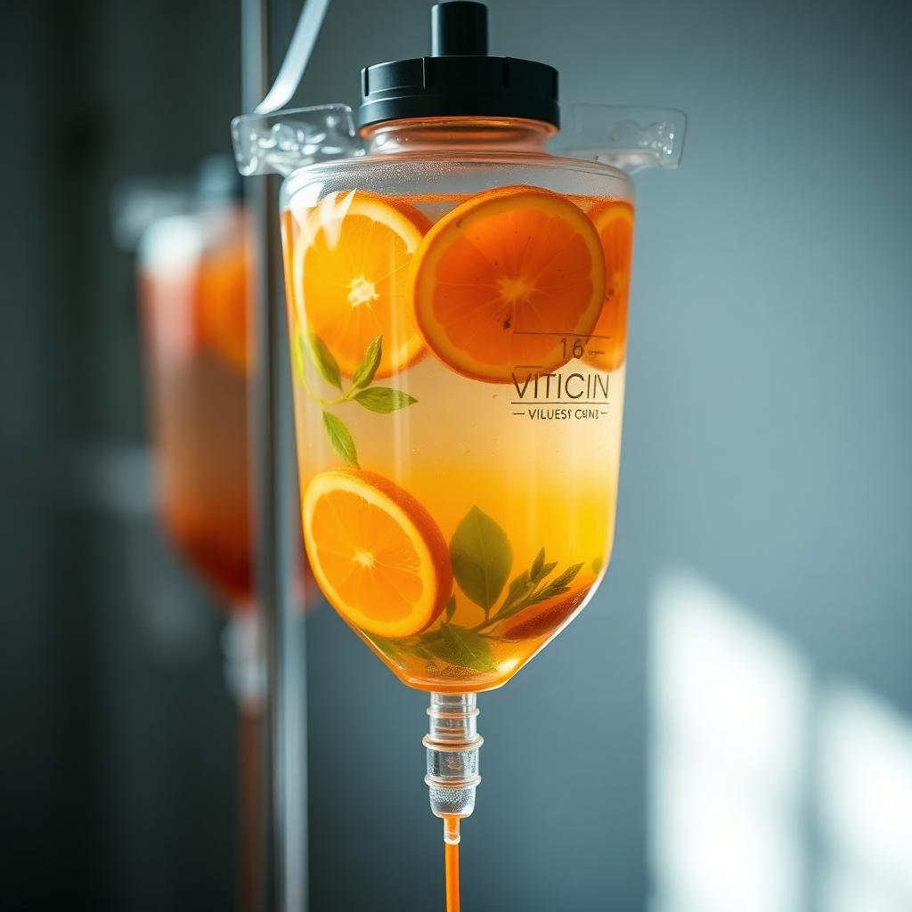 IV infusion bag filled with vitamin-rich fluid in a wellness clinic