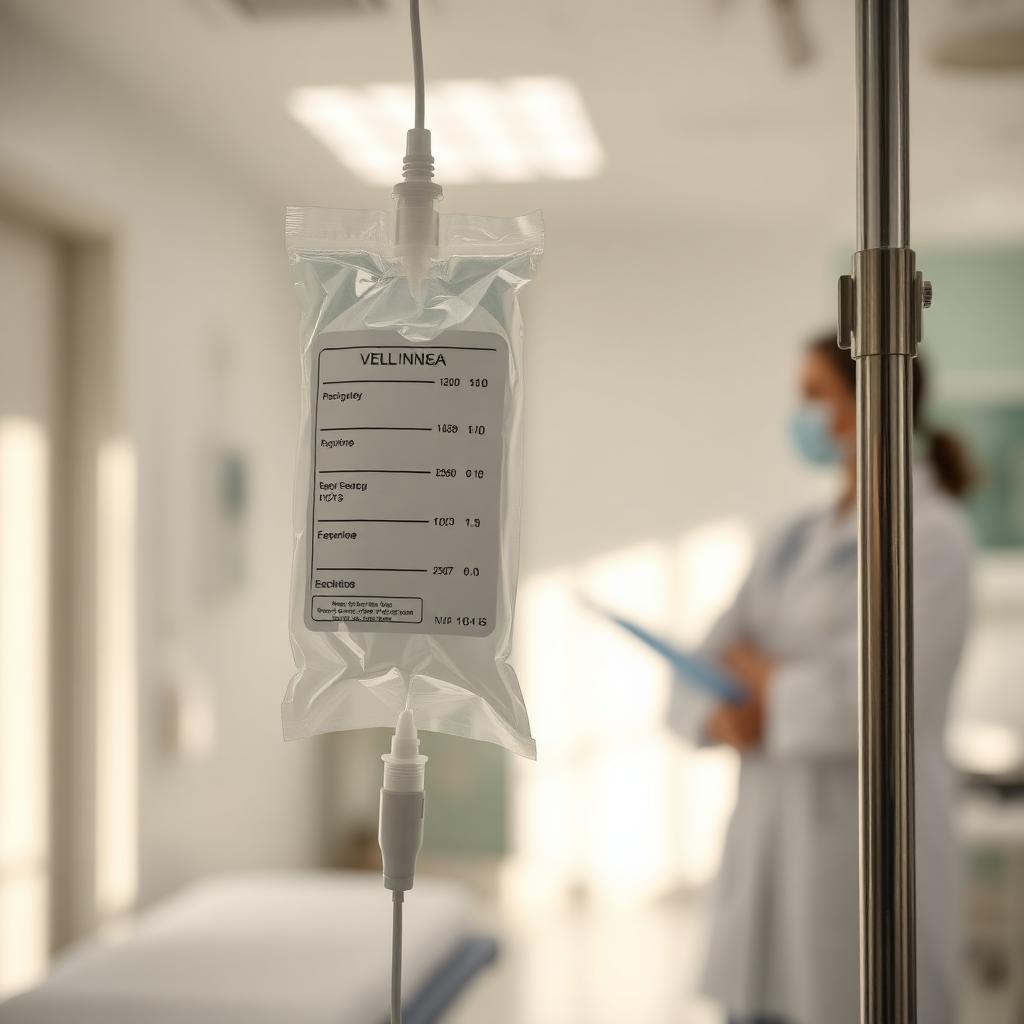 IV drip bag hanging in a bright clinic