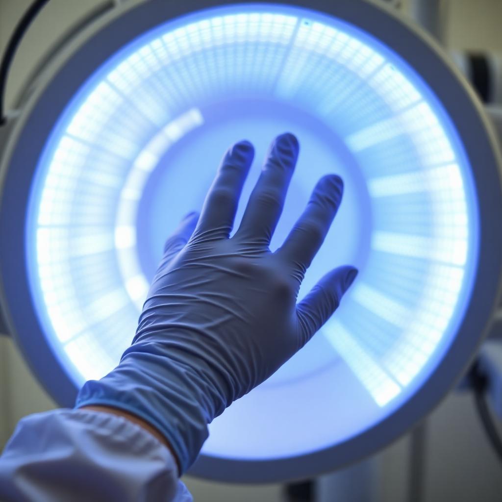 Gloved hand near a UV blood irradiation light unit