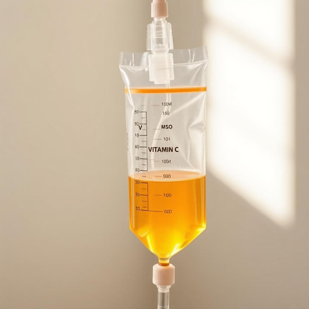 Glass IV bag of golden vitamin C solution
