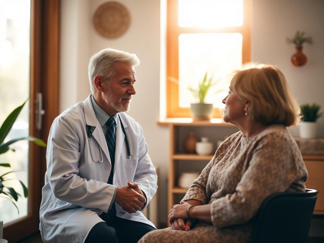 Physician listening compassionately to a patient in a sunlit clinic