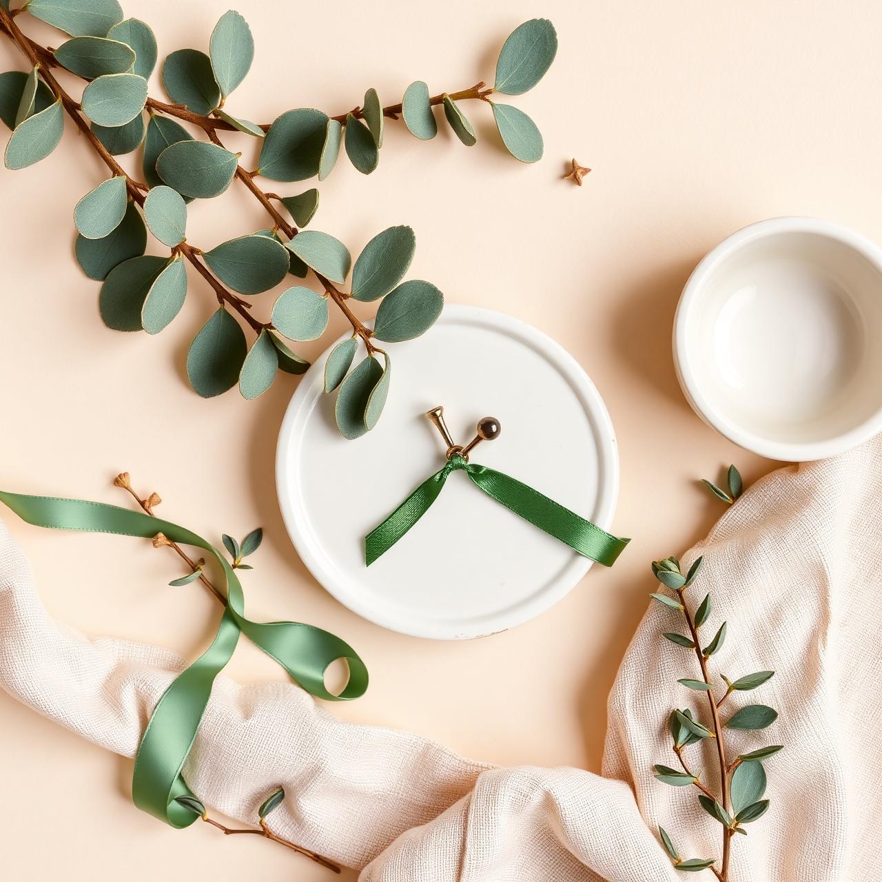 Eucalyptus leaves and green ribbon styled flat lay