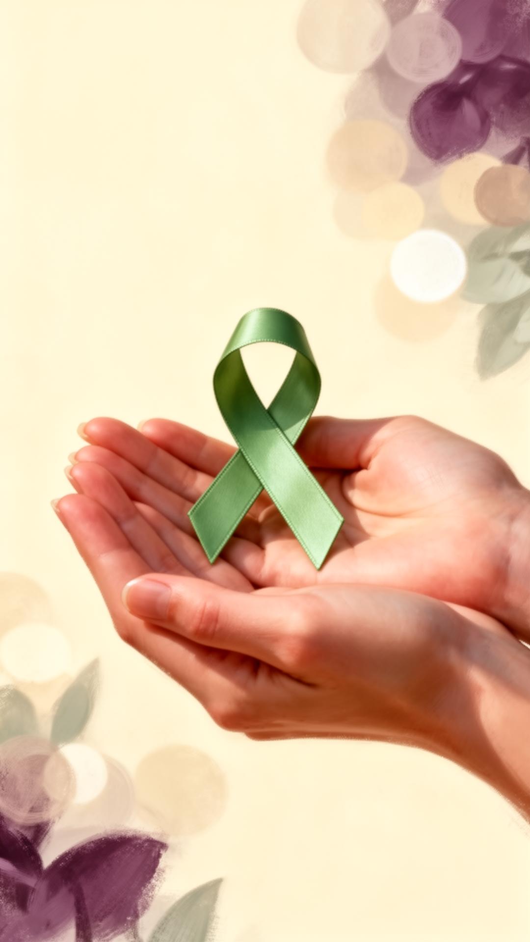 Hands gently holding a green Lyme awareness ribbon
